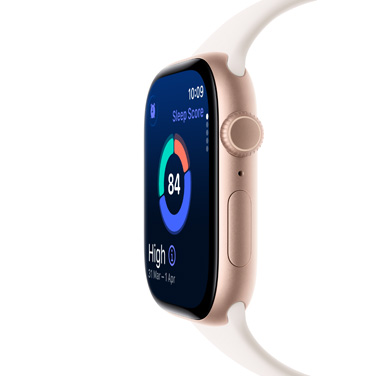 Side view of an Apple Watch Series 11 in Rose Gold Aluminum with sleep score and other dynamic data visible on display.
