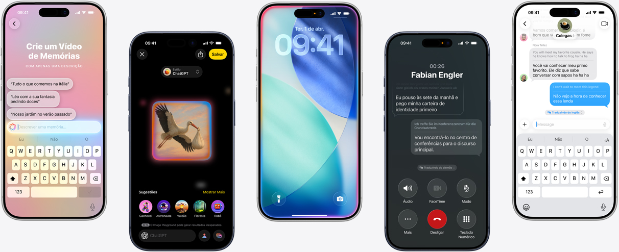 Cinco aparelhos iPhone mostrando recursos da Apple Intelligence: criação de um vídeo de memórias, geração de uma arte no Image Playground, a Tela Bloqueada do iOS com brilho interno, Tradução ao Vivo durante uma ligação e tradução em tempo real no Mensagens
