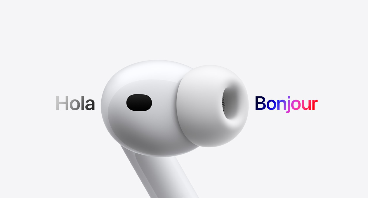 AirPods Pro 3, écouteur avec embout en silicone, traduction en direct du texte espagnol « hola » en texte français « bonjour »