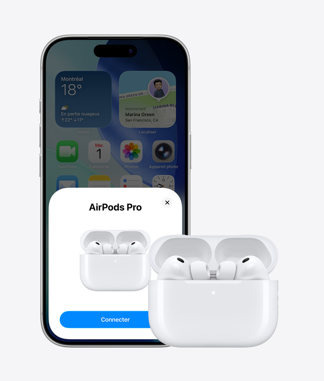 iPhone 17 Pro, face avant, écran d’accueil en arrière-plan, fenêtre contextuelle de connexion d’AirPods, AirPods dans un étui ouvert à côté de l’iPhone