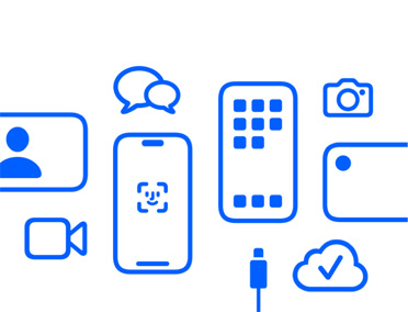 Des appareils et fonctionnalités Apple, iCloud, iPhone avec Face ID et un câble de recharge, Appareil photo, messagerie, Messages