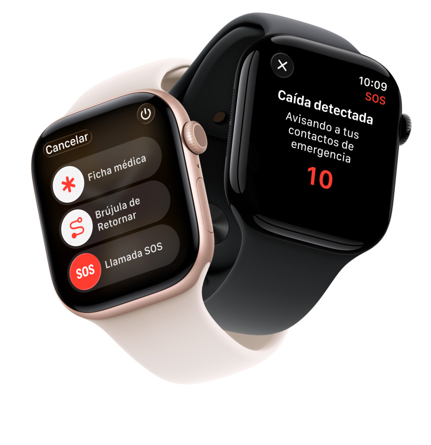 Dispositivos Apple Watch Series 11 interconectados, cajas de aluminio, colores oro rosa y negro azabache pulido, funcionalidades de seguridad: Ficha Médica, Brújula de Retornar, llamada de emergencia, correas deportivas, colores rosa rubor y negro, animación
