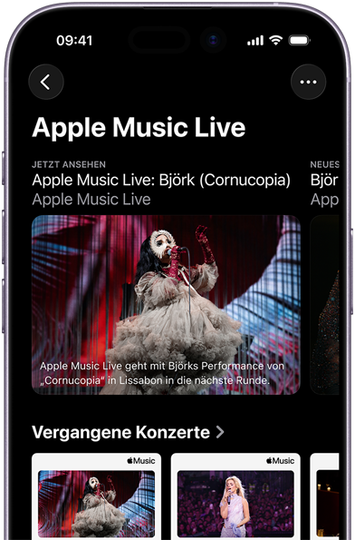 Apple Music Live Bildschirm auf dem iPhone mit „Jetzt ansehen“ und vergangenen Konzerten
