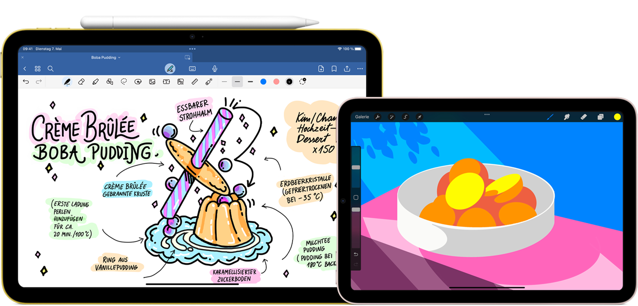 Links ein iPad im Querformat, das Display zeigt eine Grafik mit Notizen und eine Zeichnung, ein Apple Pencil USB‑C haftet oben am Gerät. Rechts ein iPad mini im Querformat, das Display zeigt eine bunte Illustration, die in ProCreate erstellt wurde.