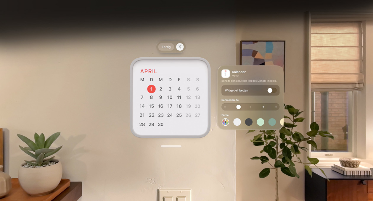 Ein Kalender Widget für den 1. April schwebt an der Wand, das Widget für Erinnerungen befindet sich darüber, auf der rechten Seite sind Optionen zur Personalisierung für die Änderung der Rahmendicke und -farbe zu sehen