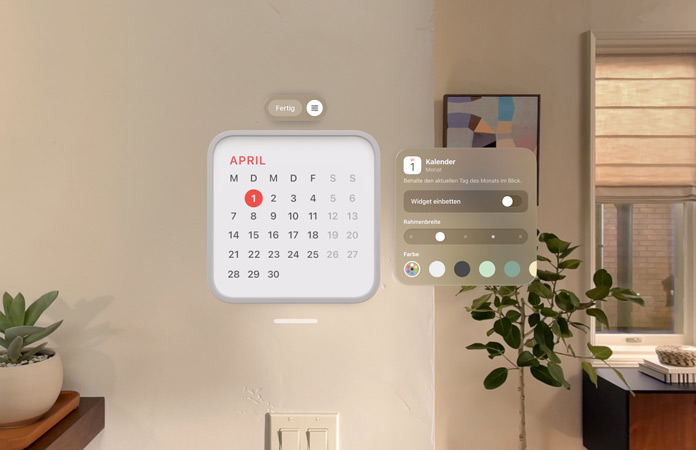 Ein Kalender Widget für den 1. April schwebt an der Wand, das Widget für Erinnerungen befindet sich darüber, auf der rechten Seite sind Optionen zur Personalisierung für die Änderung der Rahmendicke und -farbe zu sehen