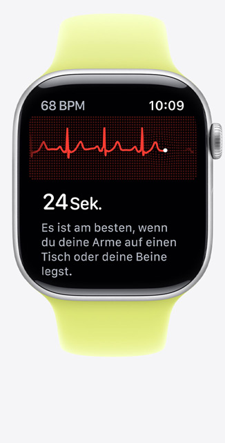 Apple Watch Series 11, aluminum case, silver color, ECG app, beats per minute in top-left corner, centered rhythm line and timer, Sport Band, neon yellow color