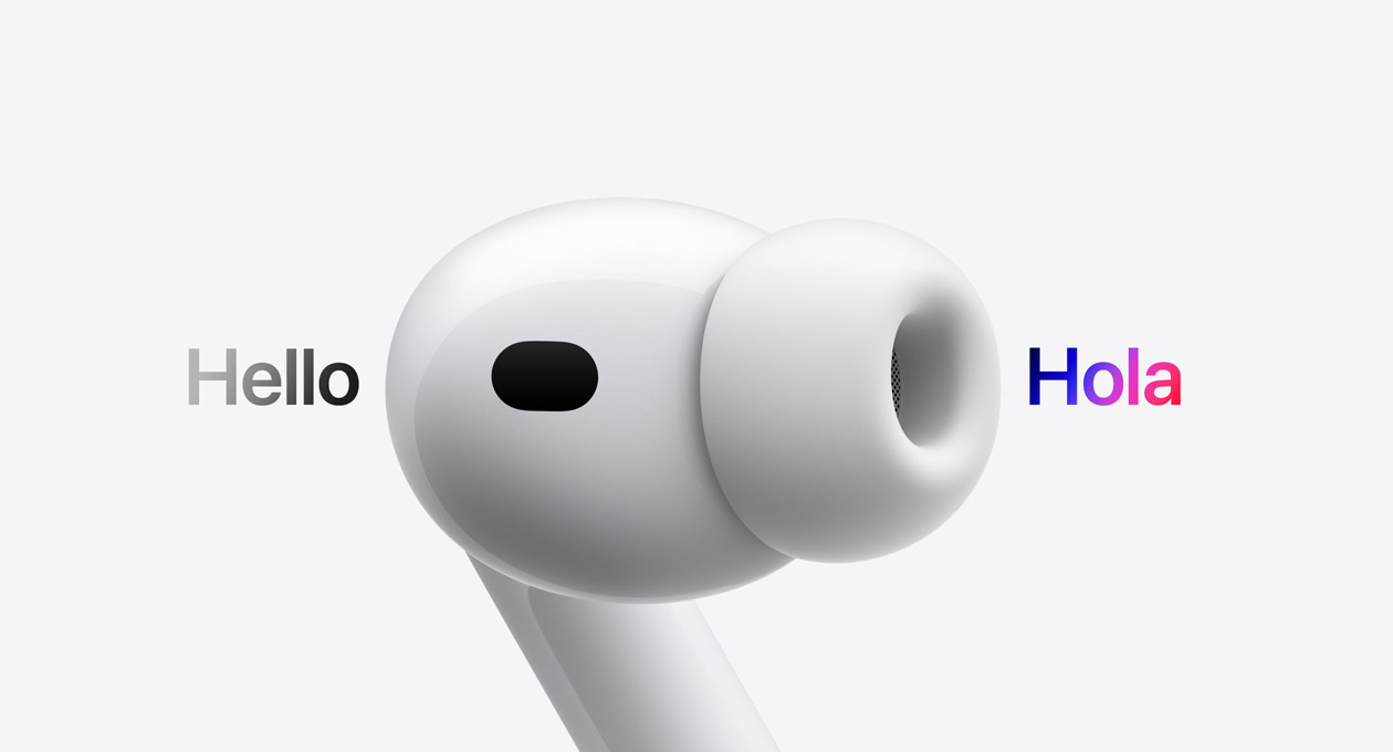 AirPods Pro 3, auricular con almohadilla de silicona, Traducción en Tiempo Real cambia texto en inglés que dice «hello» a texto en español que dice «hola»