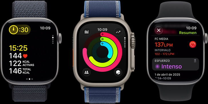 Tres dispositivos Apple Watch con métricas de entreno, anillos de Actividad y datos tras el ejercicio