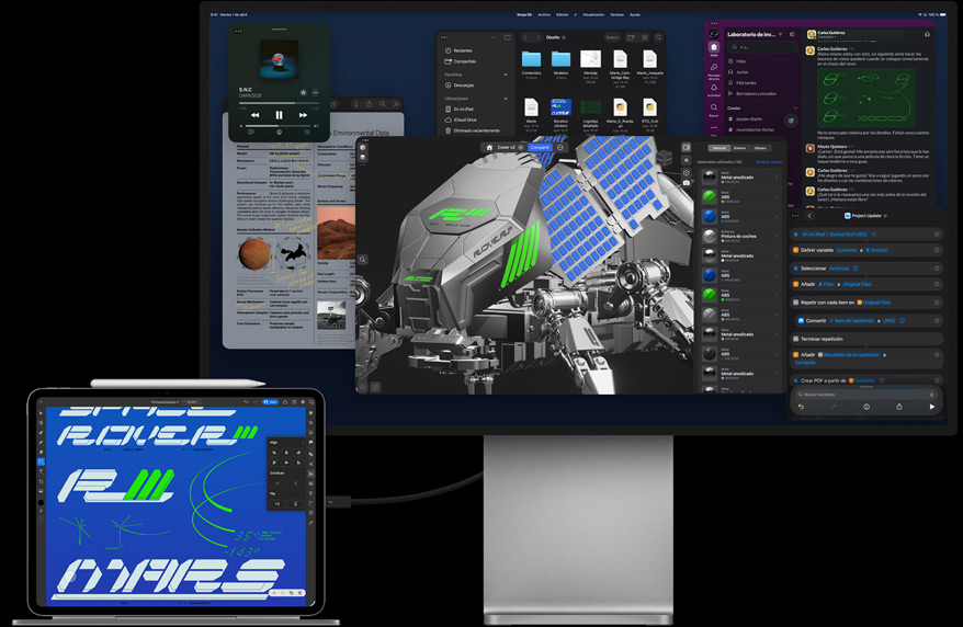 iPad Pro acoplado a un Magic Keyboard, parte delantera exterior, ambos conectados a un Mac Studio Display externo, pantalla del iPad Pro con una app de diseño gráfico con colores vivos y texto llamativo, y la del Studio Display con varias apps y un modelo en 3D