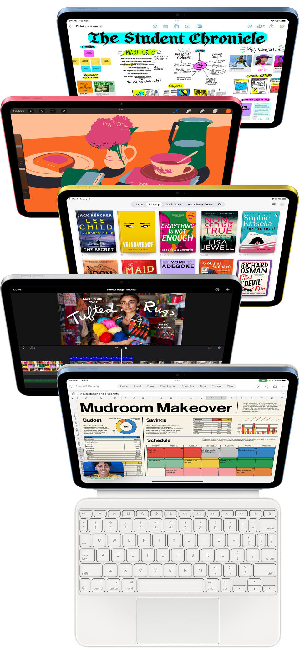 iPad-skärmar sedda framifrån med olika appar som Freeform, ProCreate, Böcker, iMovie och Microsoft Excel med Webex Meetings.
