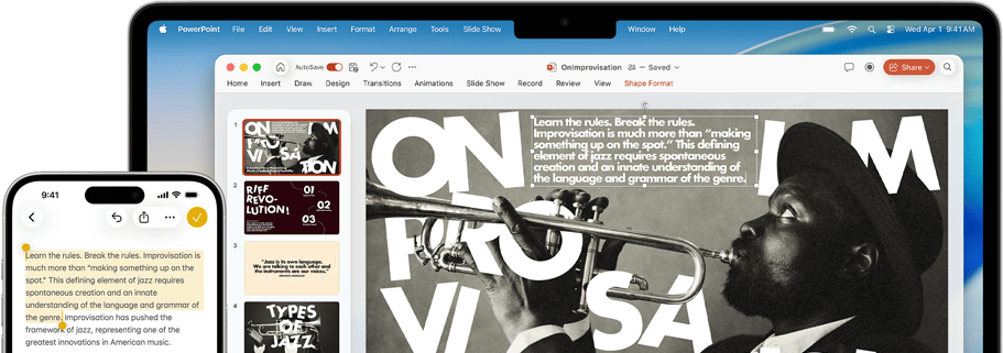 iPhone 16 Plus με κείμενο επισημασμένο στο app Σημειώσεις, MacBook Air με ανοιχτή διαφάνεια Keynote, κείμενο από το app Σημειώσεις ορατό στη διαφάνεια