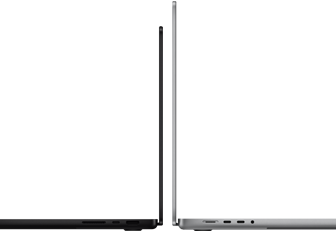 MacBook Pro 14 ιντσών και 16 ιντσών πλάτη με πλάτη που δείχνουν τη διαφορά μεγεθών και δίνουν έμφαση στο στενό τους προφίλ
