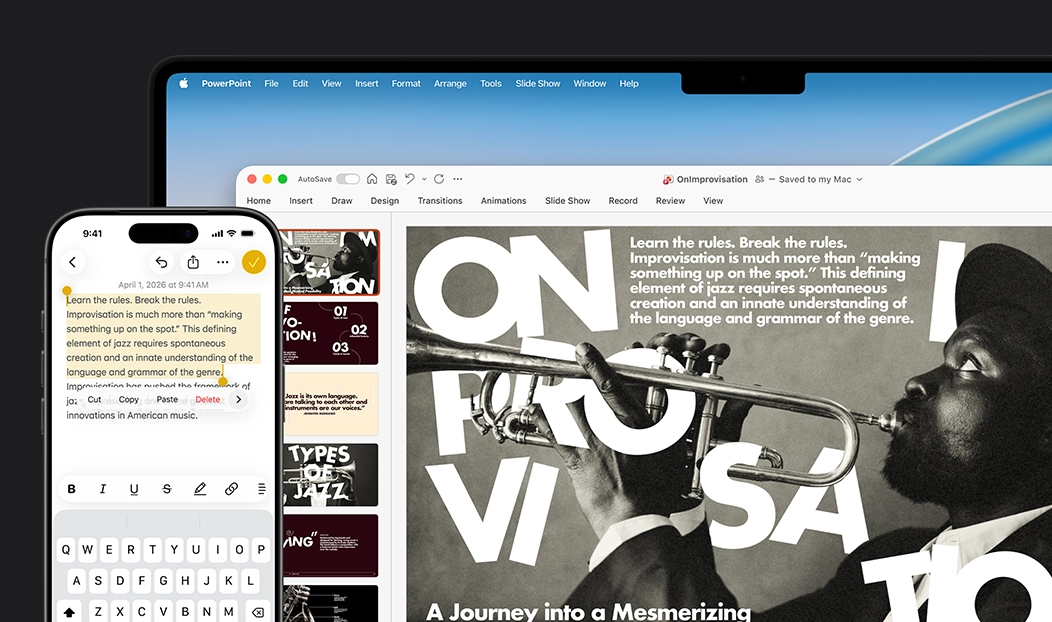 iPhone 16 Plus 顯示備忘錄 app 中重點標示文字；MacBook Pro 顯示一張 Microsoft PowerPoint 幻燈片，上面顯示在備忘錄 app 中重點標示的文字