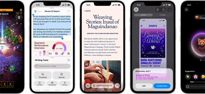 Usporedni prikaz iPhonea 17e s različitim zaslonima: igranje igre, Alati za pisanje, Apple TV, izrada događaja u kalendaru, izrada Genmojija