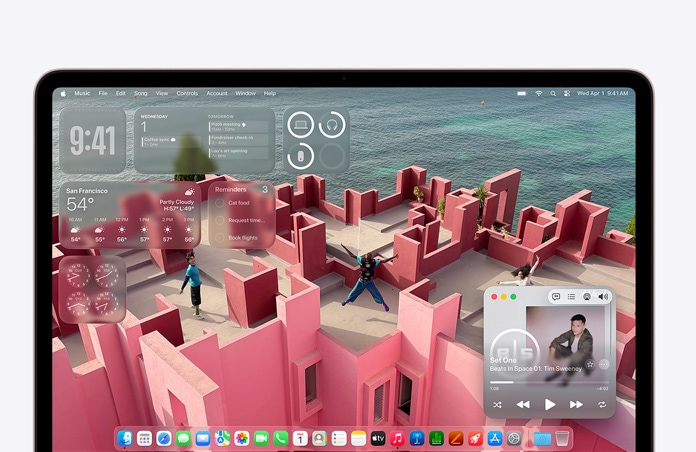 Prikaz zaslona MacBooka Neo s personaliziranom pozadinom, na kojoj je prikazana krovna terasa uz obalu, a na zaslonu se vide widgeti Glazba, Kalendar, Vrijeme i Podsjetnici. 