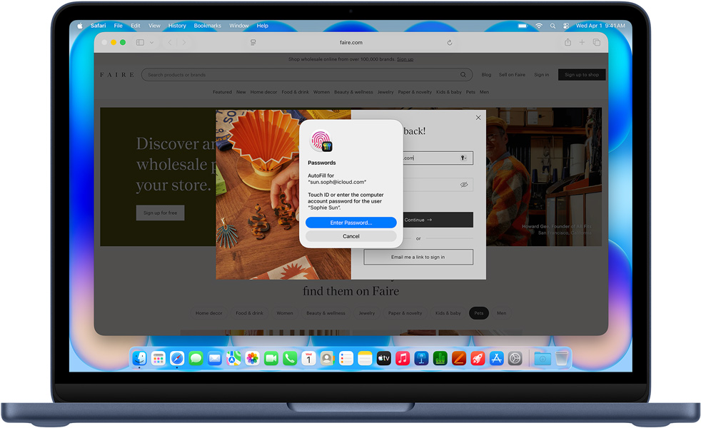 Prikaz MacBooka Neo u indigo boji sa zaslonom na kojem Safari traži od korisnika da se na internetsku stranicu pod nazivom Community Care Clinic prijavi koristeći Touch ID ili lozinku