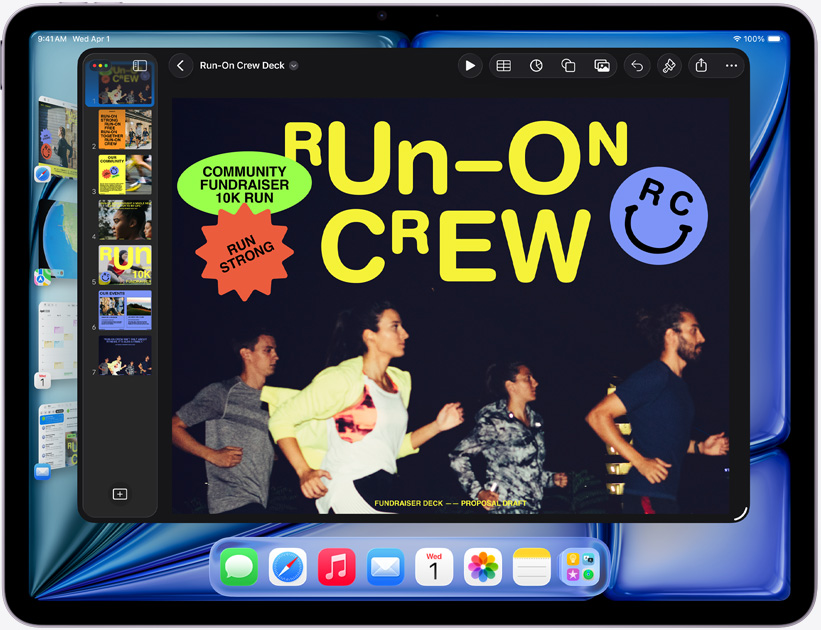 iPad Air, orientasi lanskap, layar menampilkan presentasi Keynote
