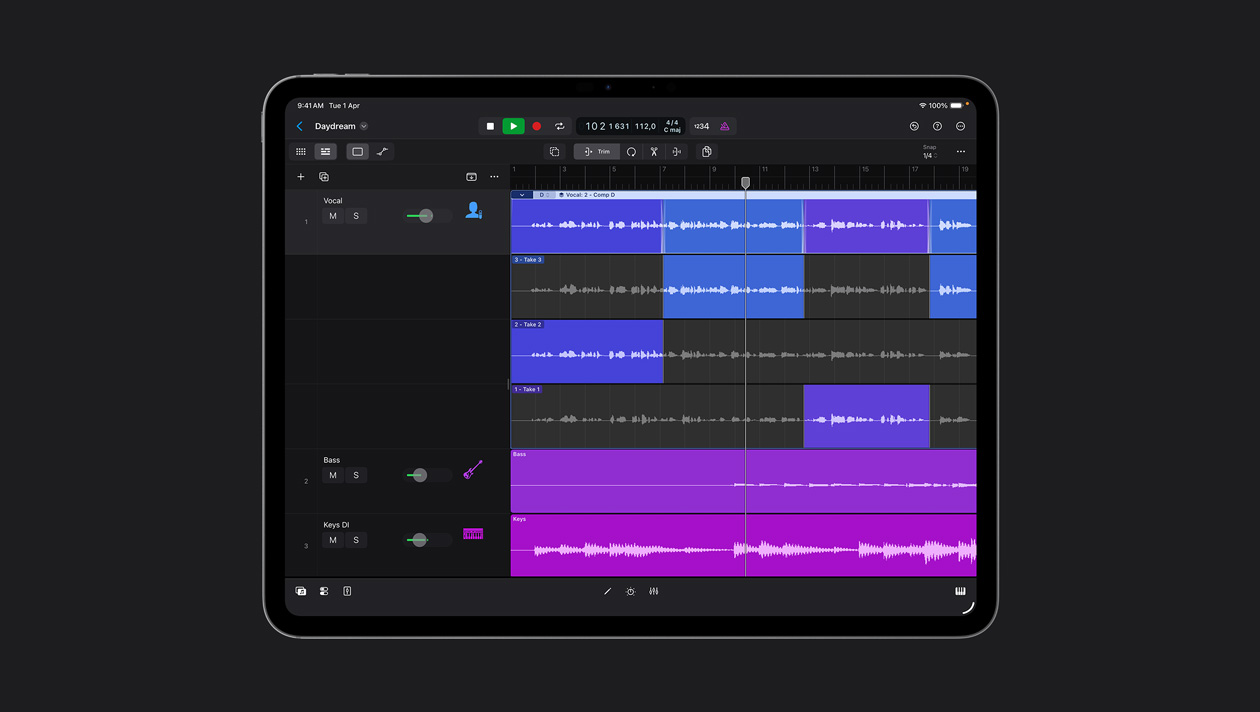 iPad Pro 13 screen showing workspace with rows of different sound waves, instruments list to the left, record button at the top of the screen
