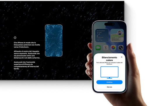 Un iPhone che viene usato per impostare il bilanciamento del colore su un televisore