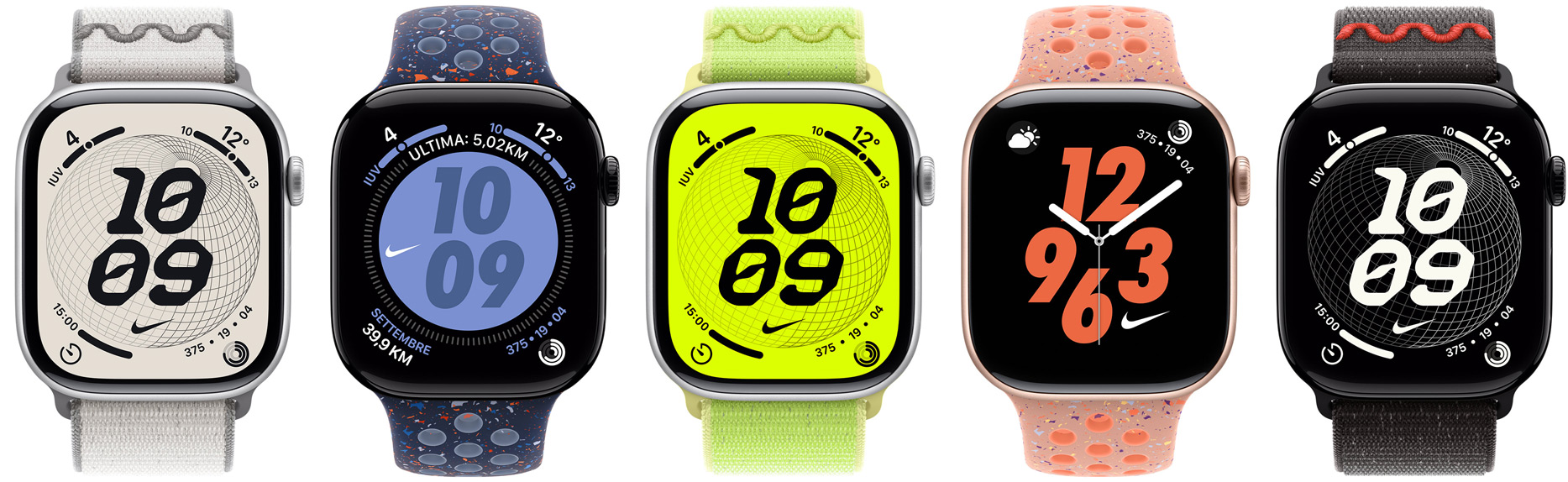 Dispositivi Apple Watch con cinturini Nike: Nike Sport Loop color Veiled Grey, cinturino Nike Sport color Blue Ribbon, Nike Sport Loop color Volt Splash, cinturino Nike Sport color Alpenglow Pink, cinturino Nike Sport color Midnight Black, quadranti Nike: Globe, Hybrid, Bounce, Digital