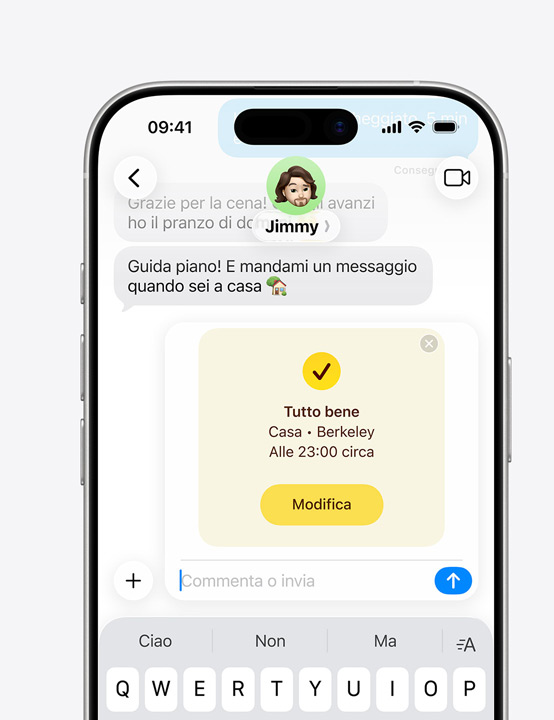 iPhone che mostra una conversazione in Messaggi con la funzione Tutto bene in uso