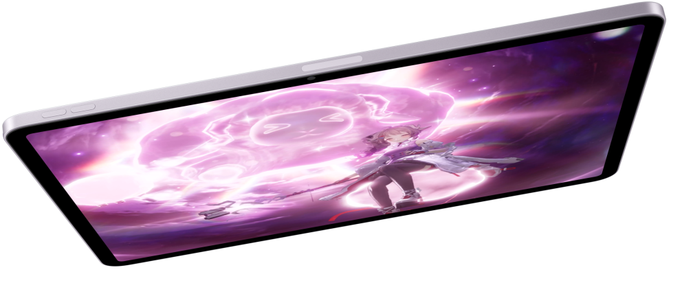 ビデオゲームが表示された横向きのiPad Air。下にはほかに2台のiPad Airが置かれている