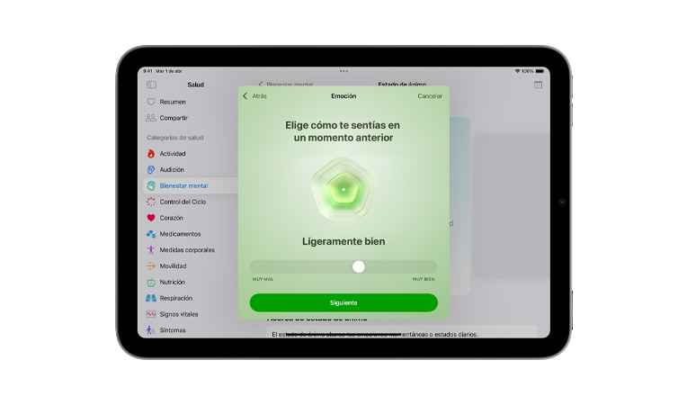 Vista frontal de un iPad mini en posición horizontal, interfaz de usuario que muestra la app Salud y el regulador del selector de estado de ánimo