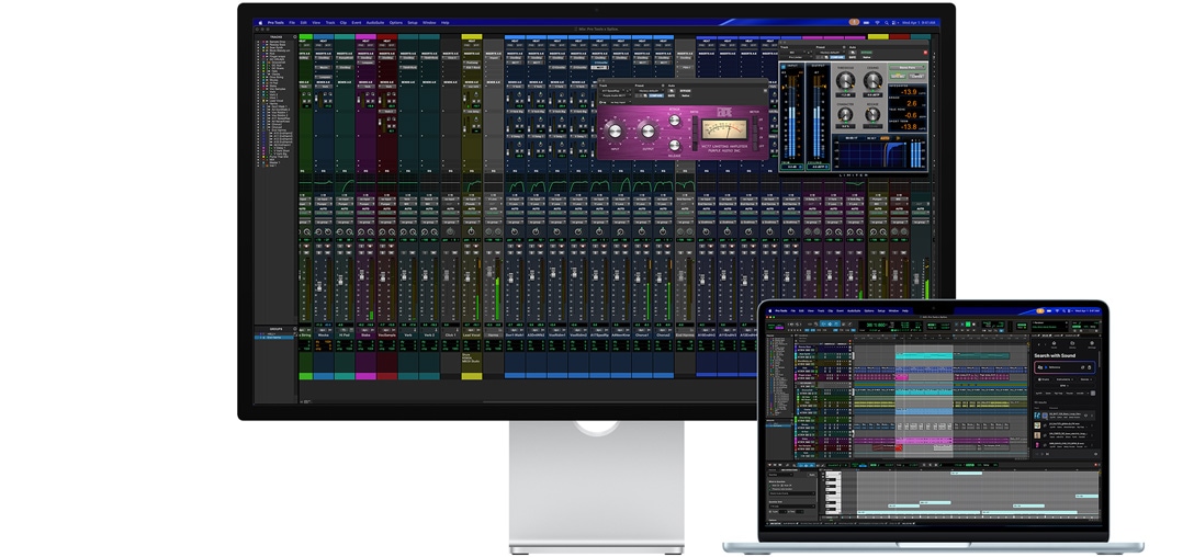 Studio Display un Mac portatīvajā datorā ir redzama Pro Tools sesija ar Splice integrāciju, nanotekstūras stikls palīdz samazināt atspīdumu no tumšā programmas ekrāna