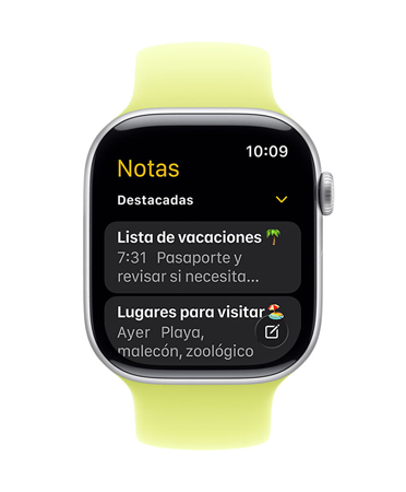 Apple Watch Series 11, en la pantalla se ve la app Notas, con dos notas destacadas