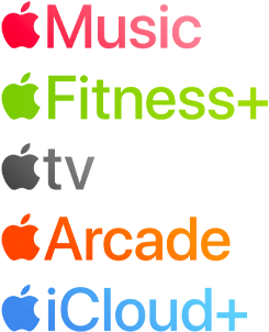 Apple subscription services logotypes including Apple Music, Fitness+, Apple TV, Apple Arcade, iCloud+