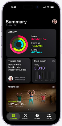 Apple Fitness+ app on an iPhone showing the Summary tab screen, featuring Activity rings, Trainer Tips, Step Count and recommended Apple Fitness+ workouts
