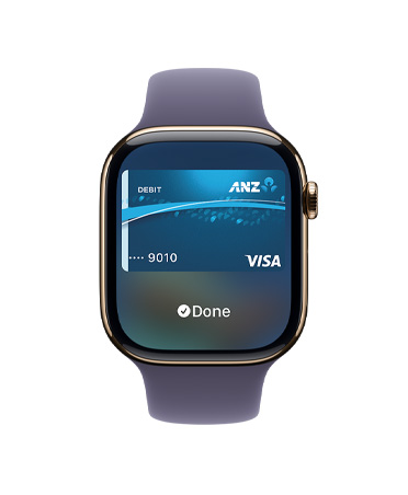 Apple Watch Series 11, gold colour, titanium case, Apple Pay, right side exterior, Digital Crown, purple fog Sport Band