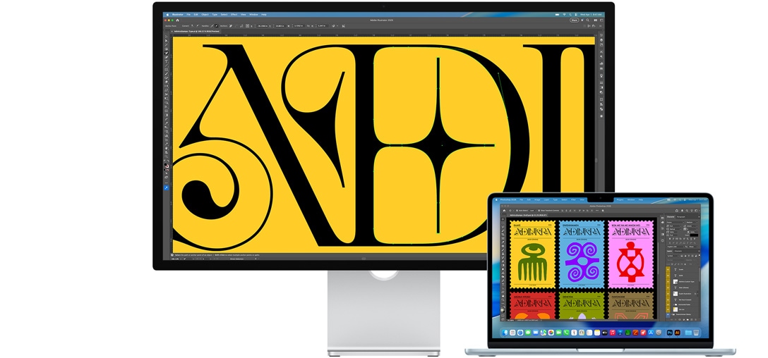 Na obrazovke Studio Display vidíme otvorený projekt, na ktorom niekto pracuje na notebooku Mac v rôznych programoch Adobe. Studio Display zobrazuje detail čierneho textu na sýtožltom pozadí, pričom antireflexná vrstva pomáha znižovať odlesky.
