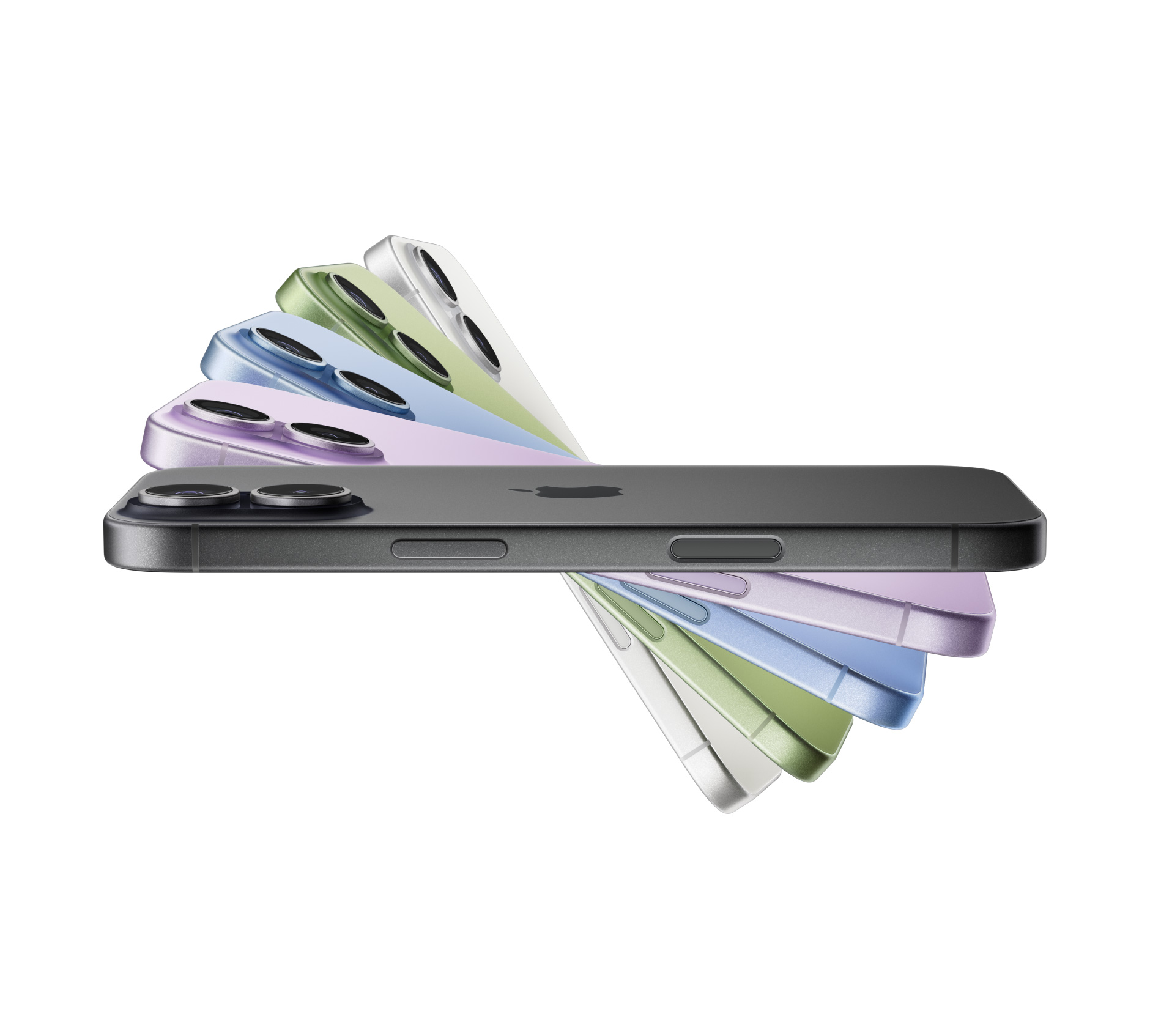 Vejárovito rozložené iPhony 17, farby: čierna, levanduľová, sivomodrá, šalviová, biela
