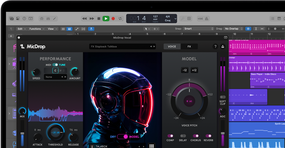 Obsah na obrazovke znázorňujúci softvér MicDrop používajúci funkcie AI na úpravu nahrávky vokálov na MacBooku Pro