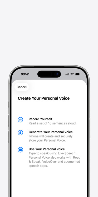 iPhone 17 Pro screen showing Personal Voice feature with instructions on how to create your Personal Voice
