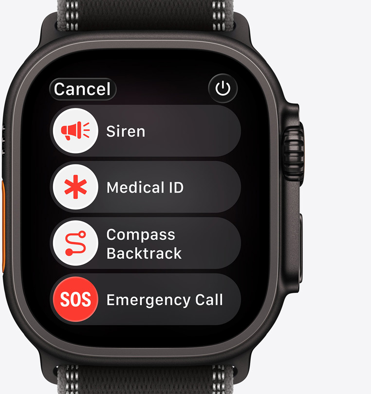 Apple Watch Ultra 3, titanium case, black color, emergency assistance options onscreen: siren, medical ID, compass backtrack, emergency call