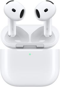 열려 있는 AirPods 4 충전 케이스와 그 위에 AirPods 4가 떠 있는 모습.