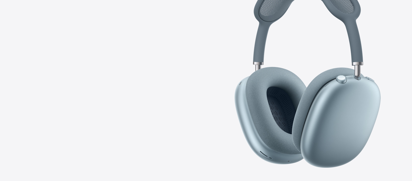 AirPods Max 2 headphones, side exterior, blue color, inside and outside of ear cushions, Digital Crown