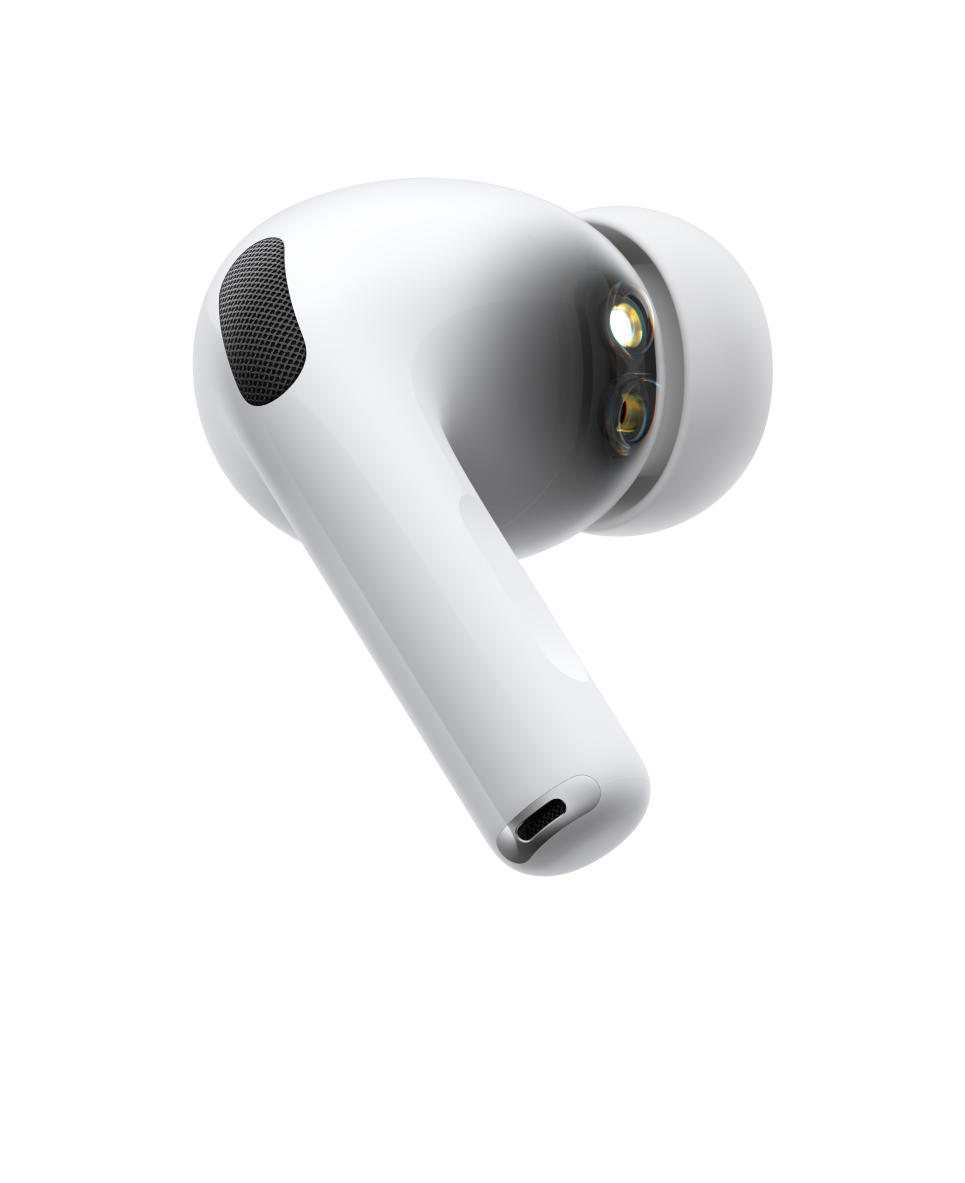 AirPods Pro 3, auricolare wireless, bianco, mostrato di lato, stelo tubolare corto, microfono con cancellazione del rumore, cuscinetto in silicone, onda sonora pulsante