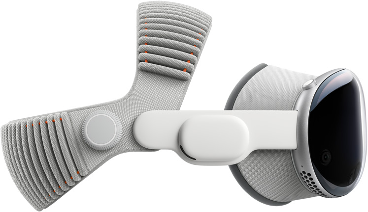 Side view of Apple Vision Pro, aluminum alloy frame, assembled with Light Seal, Audio Straps, and Dual Knit Band