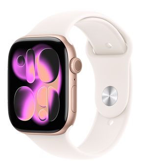 Apple Watch Series 11, růžově zlatá barva, hliníkové pouzdro, ciferník Proud, na pravém boku korunka Digital Crown, mikrofon, boční tlačítko, sportovní řemínek, světle ruměná barva
