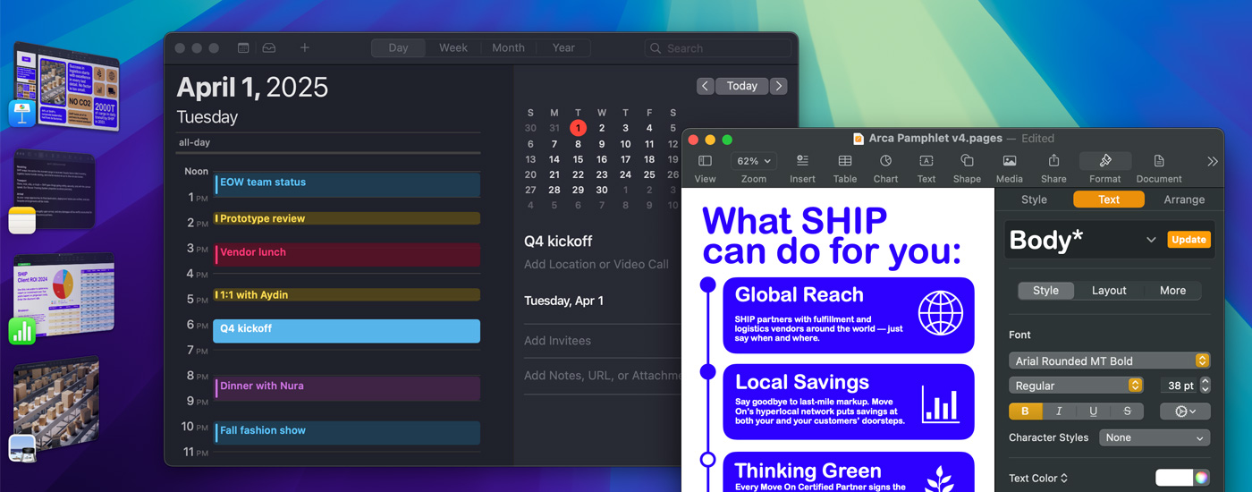 Plusieurs apps ouvertes sur un écran, dont les apps Calendrier et Pages. Sur la gauche se trouvent d’autres apps iOS.