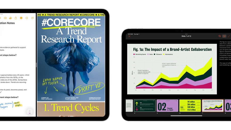 L’app Notes et une présentation sont affichées sur plusieurs écrans.