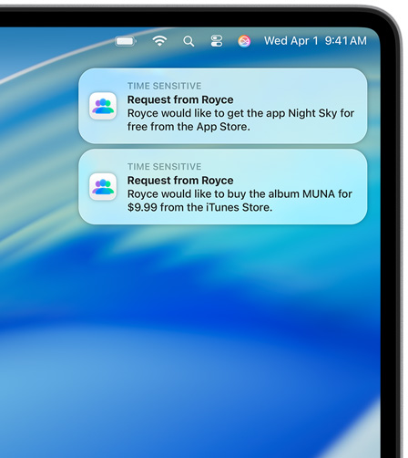 Two macOS notifications in the top-right corner of a Mac screen, each showing purchase requests, the first for Night Sky from the App Store, the second for the album MUNA from the iTunes Store