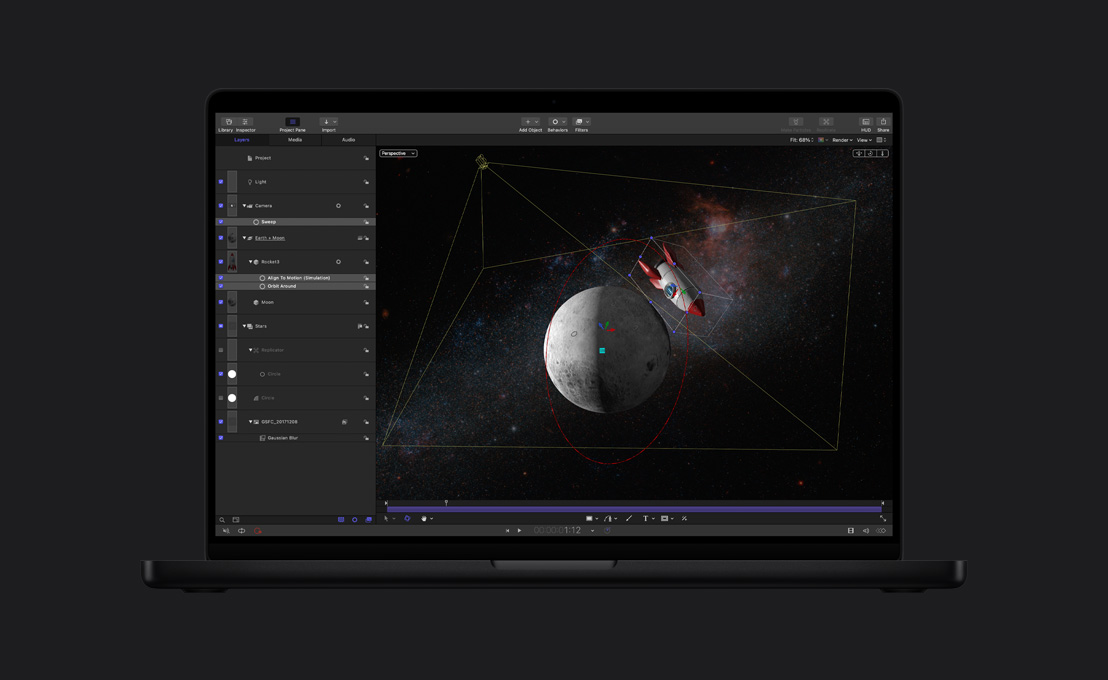 MacBook Pro 16, stylized image of rocket orbiting moon demonstrating motion simulation