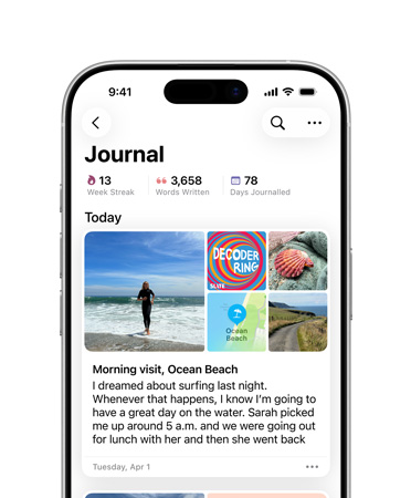 App Diario abierta en una entrada, imágenes de un día de playa y texto sobre un sueño en un iPhone