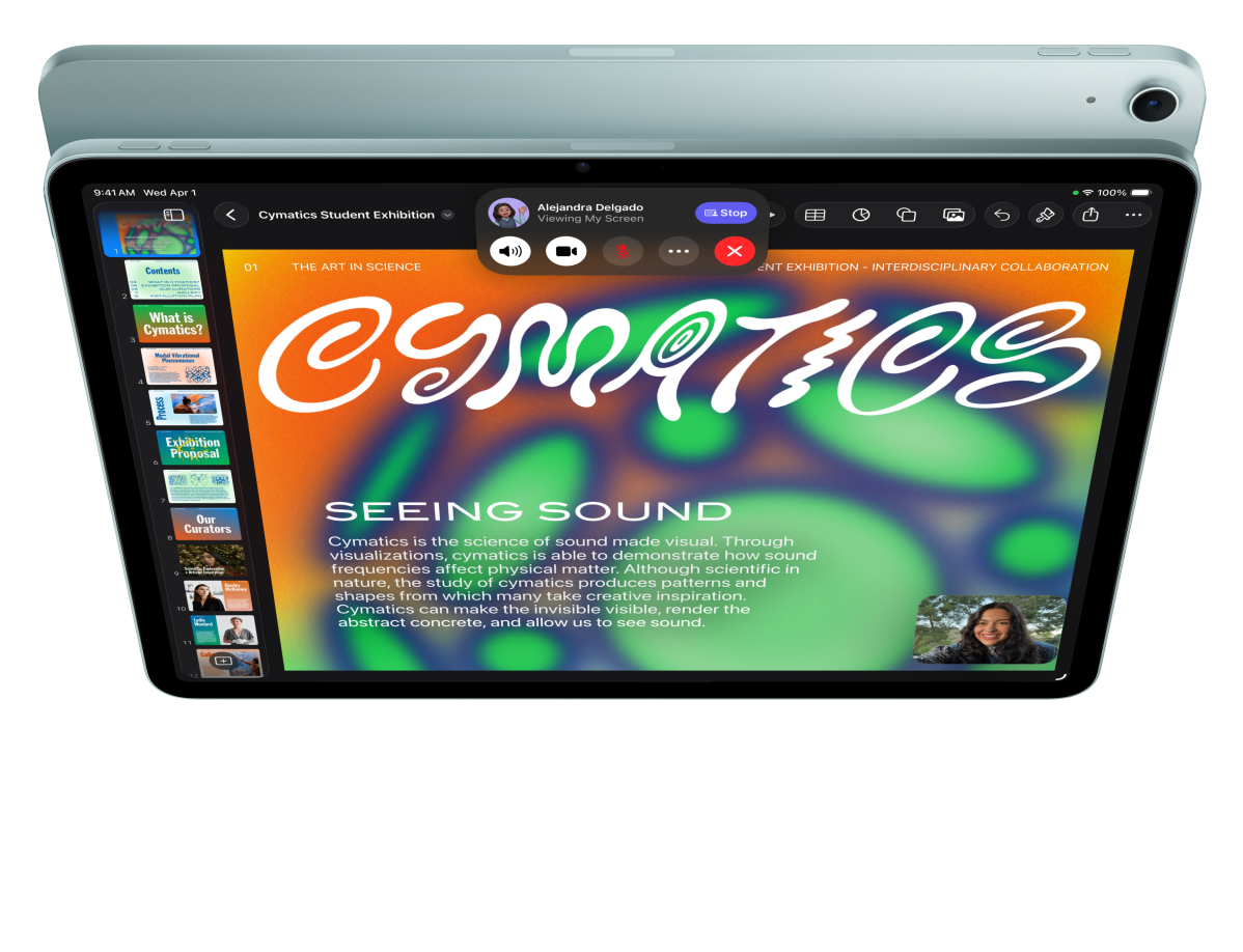 iPad Air, front exterior, user is on FaceTime and looking at Keynote in front of another iPad Air, back exterior