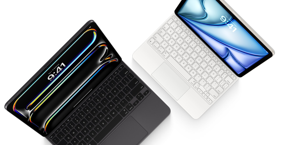 Κατακόρυφη προβολή του iPad Pro συνδεδεμένου στο Magic Keyboard για iPad Pro, σε μαύρο χρώμα, και του iPad Air συνδεδεμένου στο Magic Keyboard για iPad Air, σε λευκό χρώμα.